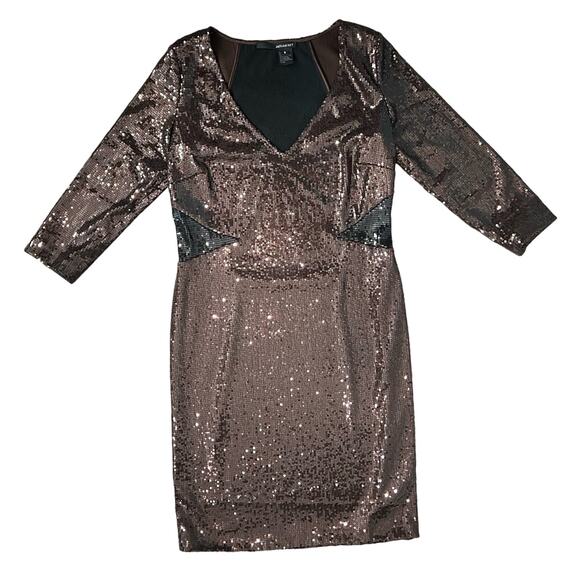 Jay Godfrey Chocolate Brown Black Colorblock Half Sleeve Sequin Mini Dress sz 8 - Picture 1 of 10